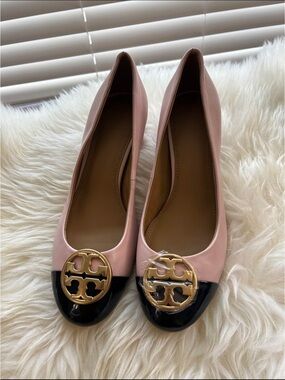 Tory Burch Pink and Black Logo Cap-Toe Ballet Flats